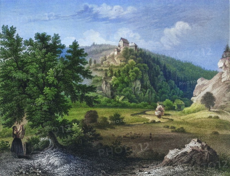 Rabeneck Castle. around 1850. high medieval aristocratic castle. Franconian Switzerland. Bayreuth district. Upper Franconia. Bavaria. Germany. digitally enhanced reproduction from a 19th-century original. colored. historical. exact date unknown