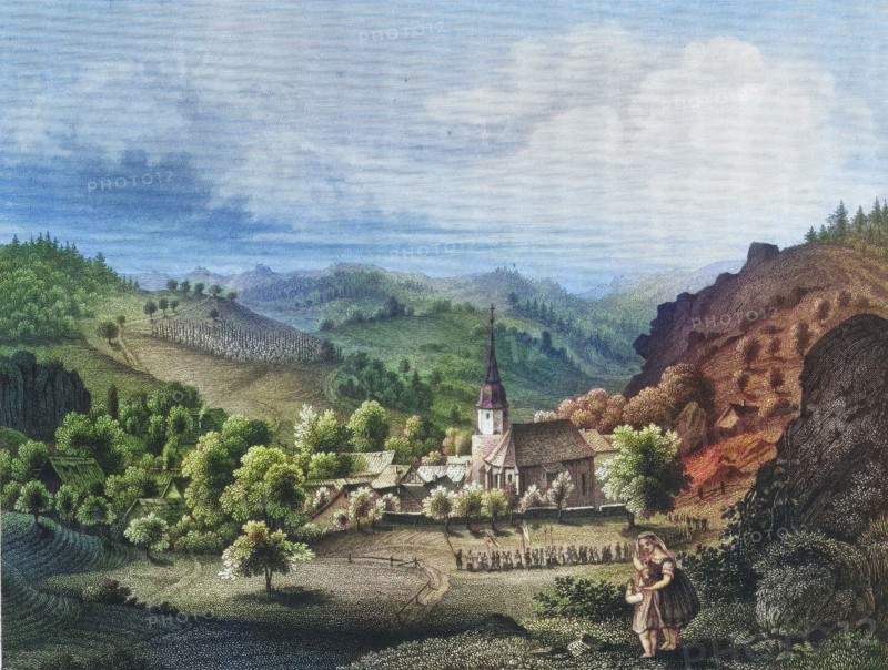 Obertruppach. Obertrubach. around 1850. Franconian Switzerland. Forchheim district. Upper Franconia. Bavaria. Germany. digitally enhanced reproduction from a 19th-century original. colored. historical. exact date unknown
