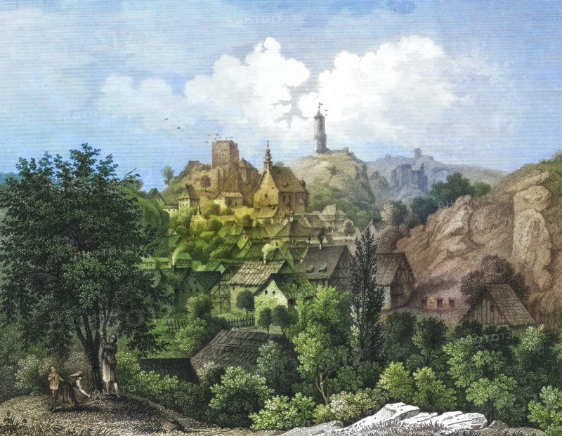 Village and castle ruins of Waischenfeld. around 1850. climatic health resort. Franconian Switzerland. Bayreuth district. Upper Franconia. Bavaria. Germany. digitally enhanced reproduction from an original from the 19th century. colored. historical. exact date unknown