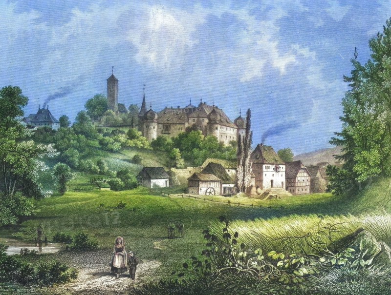 Aufsess Castle. Aufsess. Oberaufsess Castle. Oberaufsess. around 1850. Franconian Switzerland. Bayreuth district. Upper Franconia. Bavaria. Germany. digitally enhanced reproduction from a 19th-century original. colored. historical. exact date unknown