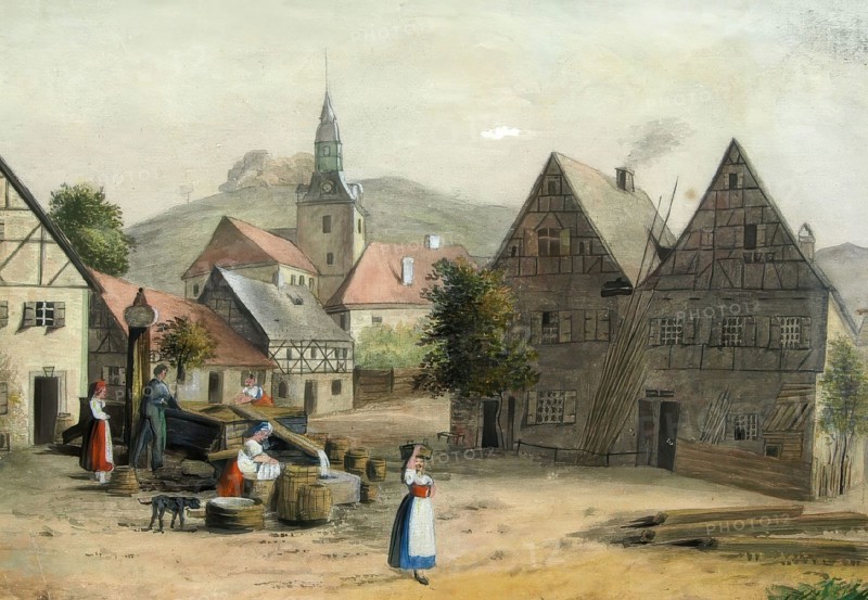 Village square in Muggendorf. climatic health resort. around 1850. Franconian Switzerland. Forchheim district. Upper Franconia. Bavaria. Germany. digitally enhanced reproduction from a 19th-century original. colored. historical. exact date unknown