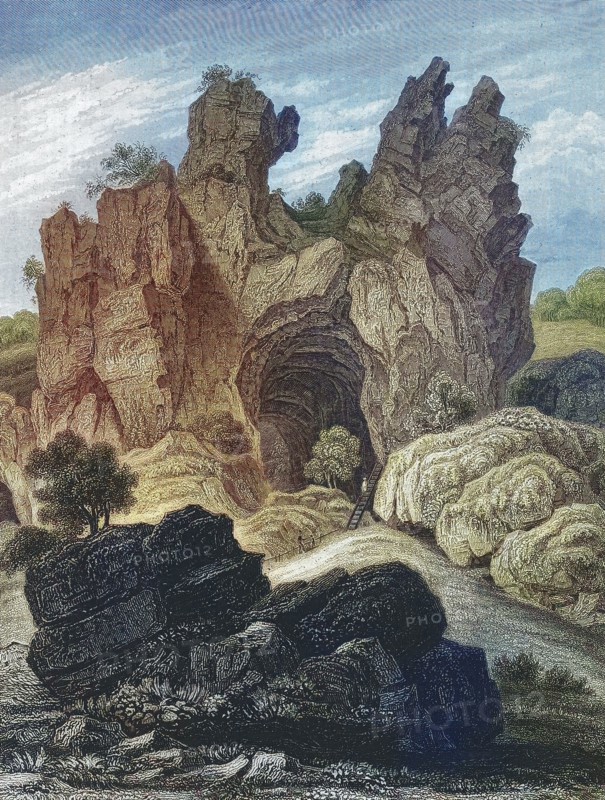 The Riesenburg. natural karst cave ruins near Engelhardsberg. Franconian Switzerland. Forchheim district. Upper Franconia. Bavaria. Germany. digitally enhanced reproduction from a 19th-century original. colored. historical. exact date unknown