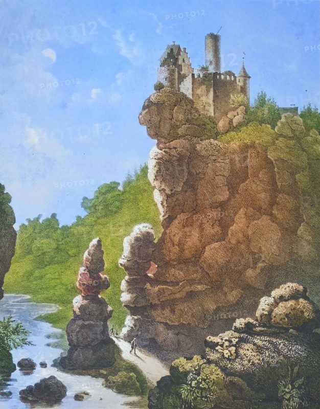 Rabenstein Castle. a high medieval spur castle. Ahorntal. Franconian Switzerland. Bayreuth district. Upper Franconia. Bavaria. Germany. digitally enhanced reproduction from a 19th-century original. colored. historical. exact date unknown