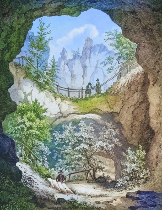 The Riesenburg. natural karst cave ruins near Engelhardsberg. Franconian Switzerland. Forchheim district. Upper Franconia. Bavaria. Germany. digitally enhanced reproduction from a 19th-century original. colored. historical. exact date unknown