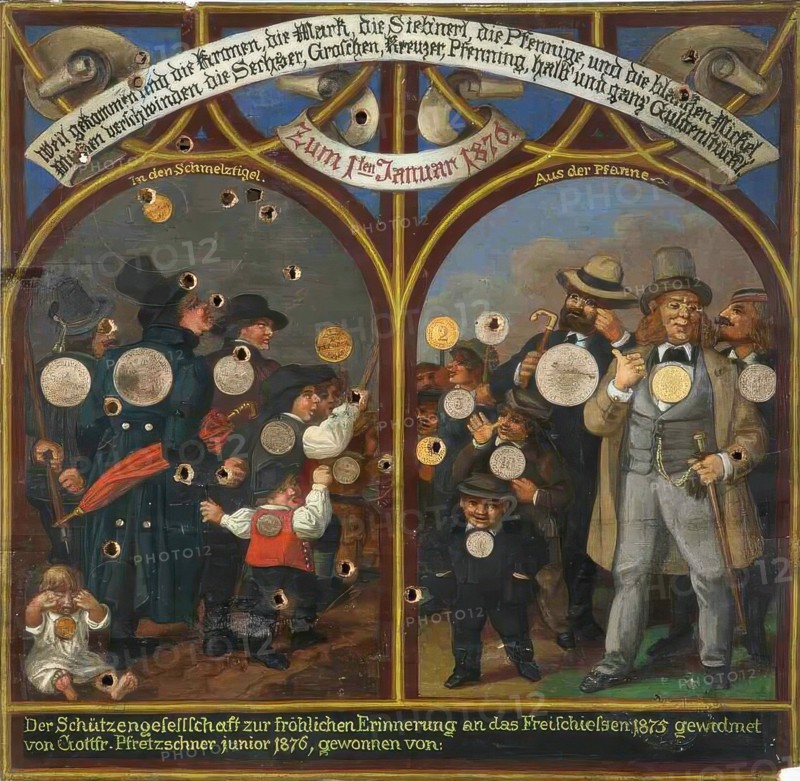 Marksman's target from the Kronach shooting festival. 1875. Upper Franconia. Bavaria. Germany. digitally enhanced reproduction from a 19th-century original. colored. historical. exact date unknown