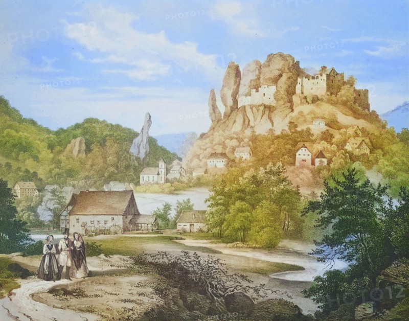 Castle and village of Streitberg. climatic health resort. Franconian Switzerland. around 1850. Forchheim district. Upper Franconia. Bavaria. Germany. digitally enhanced reproduction from a 19th-century original. colored. historical. exact date unknown