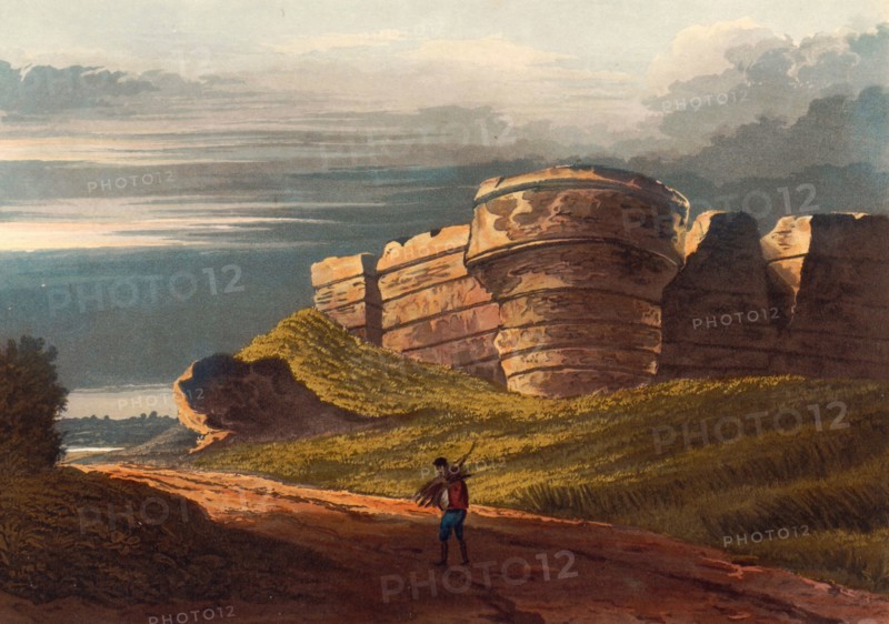 Burgh Castle. site of one of nine Roman forts on the Saxon Shore built in England around the 3rd century AD. County of Norfolk. England. circa 1850. after a painting by Theodore Henry Adolphus Fielding. digitally enhanced reproduction. historical. exact date unknown