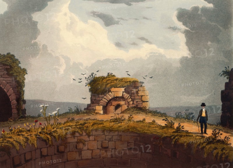 Kiln on the hill of Conisbrough Castle. a medieval fortress in Conisbrough. South Yorkshire. England. The castle was originally built in the 11th century by William de Warenne. the Earl of Surrey. following the Norman conquest of England in 1066. circa 1850. after a painting by Theodore Henry Adolphus Fielding. digitally enhanced reproduction. historical. exact date unknown