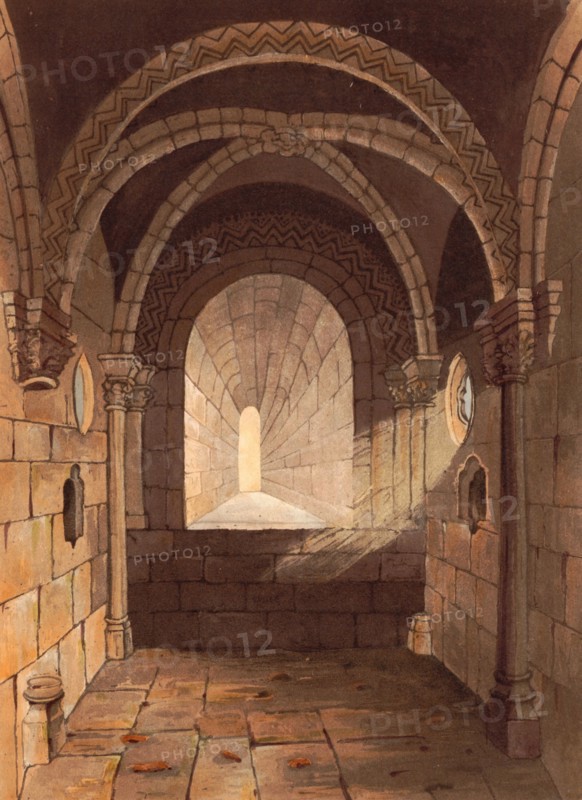 Saxon Chapel of Conisbrough Castle. a medieval fortress in Conisbrough. South Yorkshire. England. The castle was originally built in the 11th century by William de Warenne. the Earl of Surrey. after the Norman conquest of England in 1066. circa 1850. after a painting by Theodore Henry Adolphus Fielding. digitally enhanced reproduction. historical. exact date unknown