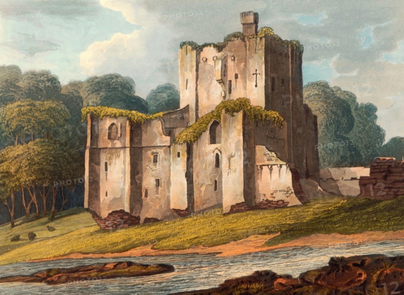 Brougham Castle. a medieval castle about 2 miles southeast of Penrith. Cumbria. England. circa 1850. after a painting by Theodore Henry Adolphus Fielding. digitally enhanced reproduction. historical. exact date unknown