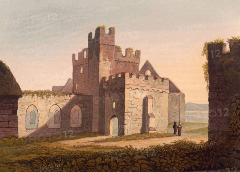 The cathedral at Peel Castle. castle ruins in Peel on the British Isle of Man. originally built by the Vikings. around 1850. after a painting by Theodore Henry Adolphus Fielding. digitally enhanced reproduction. historical. exact date unknown