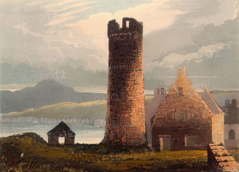 The round tower of Peel Castle. castle ruins in Peel on the British Isle of Man. originally built by the Vikings. around 1850. after a painting by Theodore Henry Adolphus Fielding. digitally enhanced reproduction. historical. exact date unknown
