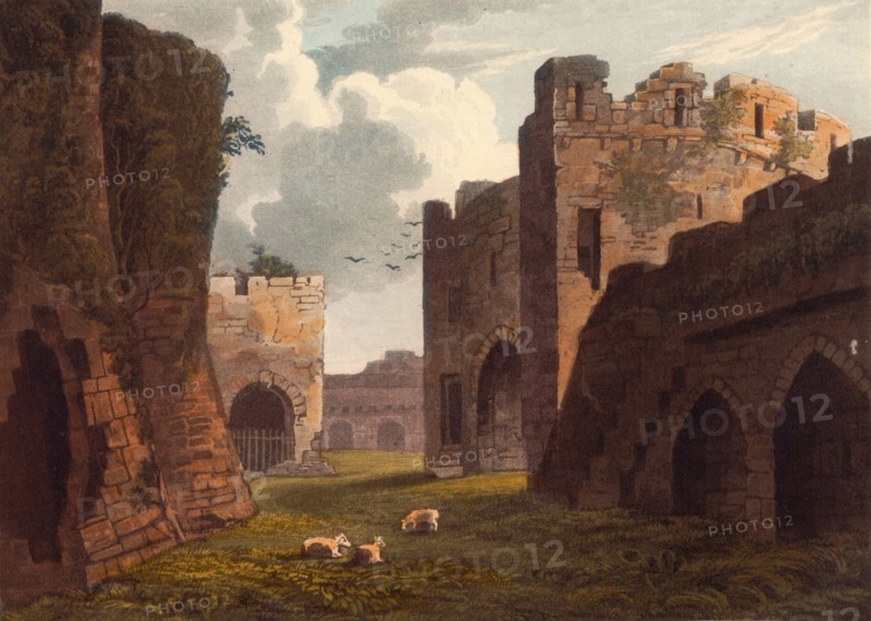 Entrance to Beaumaris Castle. ruins of a castle in the town of the same name on the island of Anglesey in Wales. around 1850. after a painting by Theodore Henry Adolphus Fielding. digitally improved reproduction. historical. exact date unknown