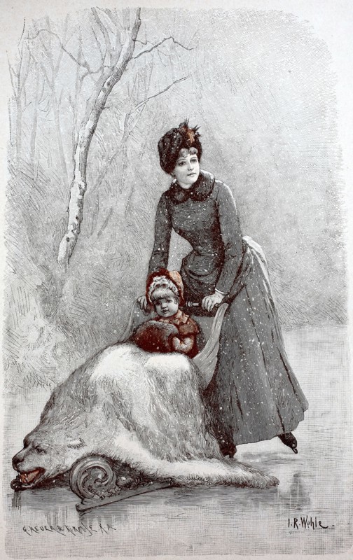 wealthy woman with ice skates out and about in winter. pushing a sled with her daughter. who is covered with a polar bear fur. 1880. Historical. authentic. digitally restored reproduction from a 19th-century original