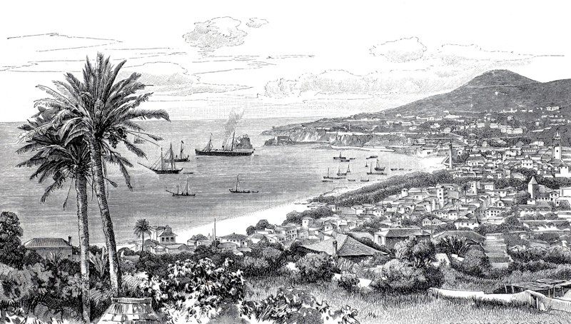 View of Funchal in 1890. Madeira. Portugal. Historical. authentic. digitally restored reproduction from an original from the 19th century