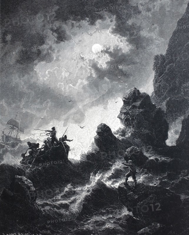 Night of terror. hurricane on the coast. lifeboat and wrecked sailing ship. distress at sea. 1880. North Sea. France. historical. authentic. digitally restored reproduction from an original from the 19th century