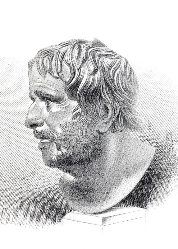 Seneca. Roman bust from the museum in Naples. 1880. Italy. Historical. authentic. digitally restored reproduction from a 19th-century original