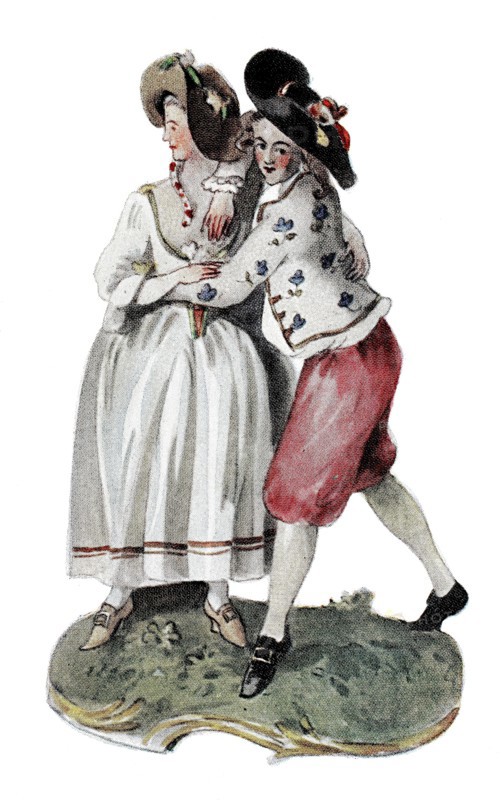 Costumes based on porcelain figurines in Germany and Austria. Rococo. Höchst and Frankenthal. 1760. historical. authentic. digitally restored reproduction from a 19th-century model