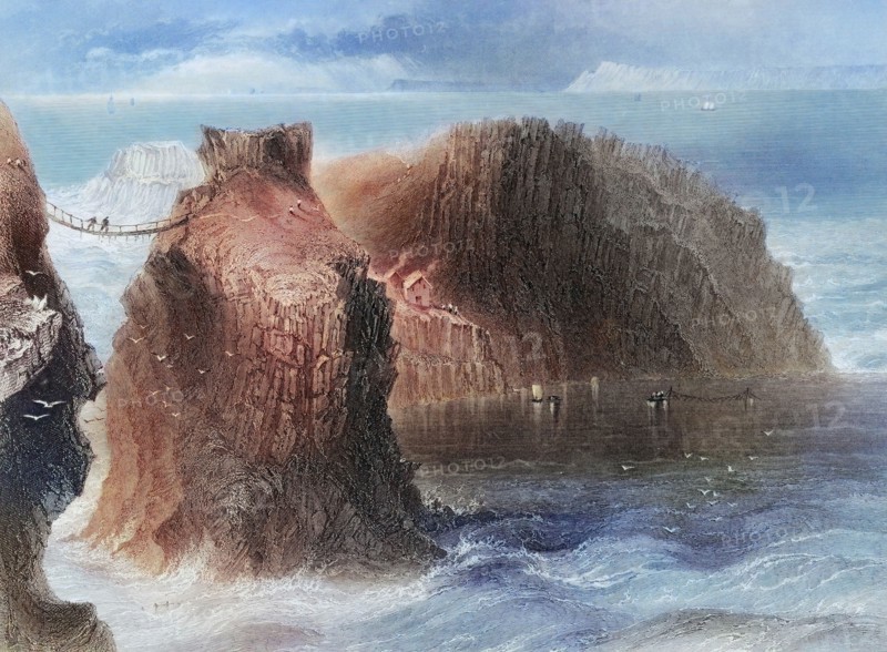 Carrick-A-Rede. County Antrim. Ireland. from The Scenery and Antiquities of Ireland. 1841. digital reproduction of a historical original