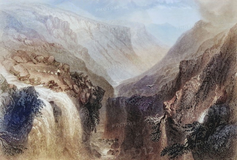 Head of Glenmalure. County Wicklow. Ireland. from The Landscape and Antiquities of Ireland. 1841. digital reproduction of a historical original