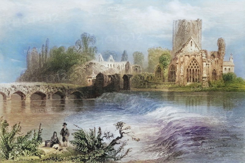 Holy Cross Abbey. on the Suir. County Tipperary. Ireland. from The Scenery and Antiquities of Ireland. 1841. digital reproduction of a historical original