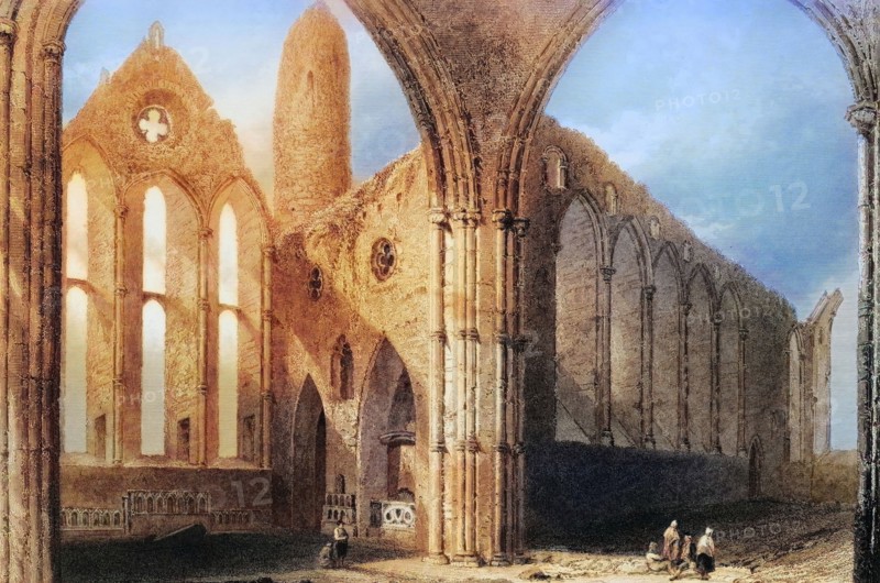 Interior of Cashel Abbey. Connemara. County Galway. Ireland. from The Scenery and Antiquities of Ireland. 1841. digital reproduction of a historical original
