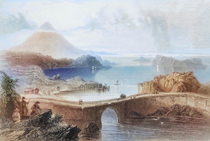 Pontoon Bridge. Lough Conn. Ireland. from The Landscape and Antiquities of Ireland. 1841. digital reproduction of a historical original