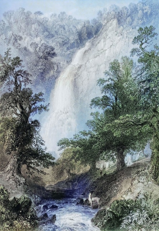 Powerscourt Fall. County Wicklow. Ireland. from The Landscape and Antiquities of Ireland. 1841. digital reproduction of a historical original