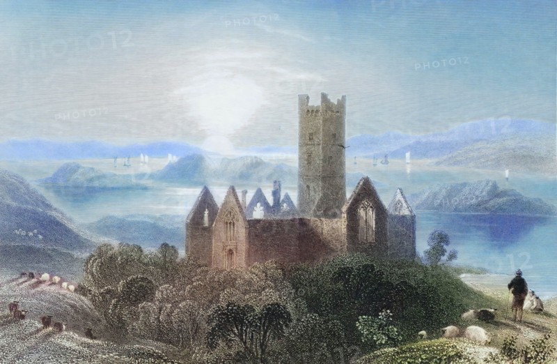 Roserk Abbey. County Mayo. Ireland. from The Landscape and Antiquities of Ireland. 1841. digital reproduction of a historical original