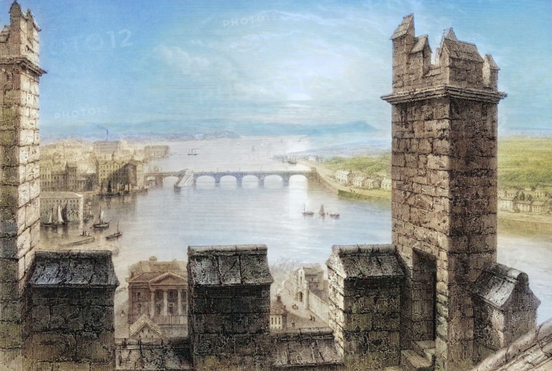 The Shannon from the tower of Limerick Cathedral. Ireland. from Scenery and Antiquities of Ireland. 1841. digital reproduction of a historical original