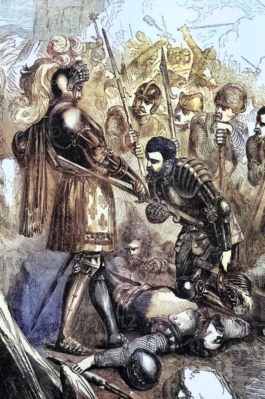At the Battle of Pavia. fought in Italy on the morning of February 24. 1525. Francis I of France was captured by Spanish troops. imprisoned by Charles V. and forced to sign the humiliating Treaty of Madrid. digital reproduction of a historical original