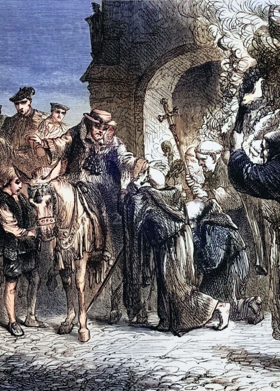 Thomas Wolsey (1473–1530) was an English political figure and cardinal of the Roman Catholic Church. When Henry VIII became King of England in 1509. Wolsey became the king's almoner. He was arrested in Leicester on false charges of high treason and died on his way to London. Digital reproduction of a historical original.