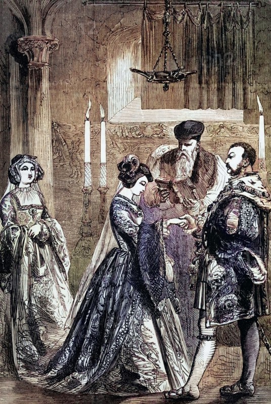 The wedding of Henry VIII and Anne Boleyn on January 25. 1533. On May 23. 1533. Thomas Cranmer declared the marriage between Henry and Catherine null and void; five days later. he declared the marriage between Henry and Anne valid. England. digital reproduction of a historical original.
