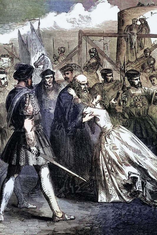 Margaret Roper. the daughter of Sir Thomas More. with her father shortly before his execution on July 6. 1535. He was an English lawyer. philosopher. author. statesman. and humanist of the Renaissance. who became Lord Chancellor from 1529 to 1532. He was an opponent of the Protestant Reformation and opposed King Henry VIII during the conflict for supremacy between the Papacy and the King. England. digital reproduction of a historical original.