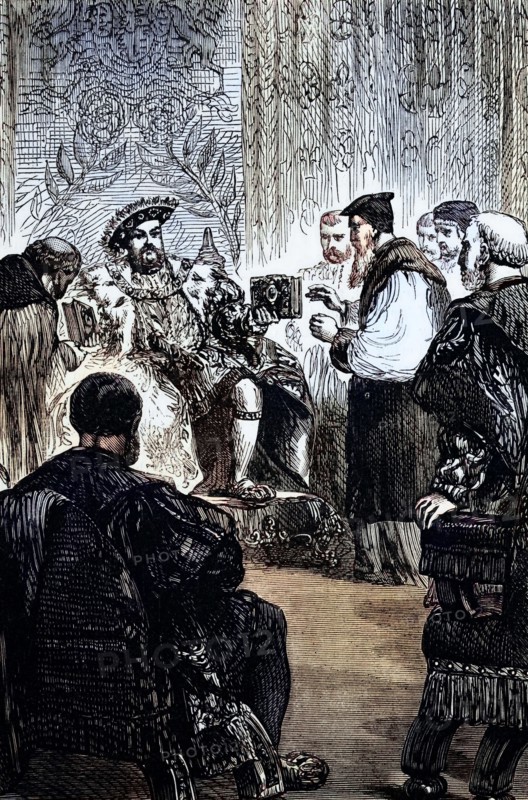 King Henry VIII presents the Great Bible to his lords in 1539. an English translation that was an impressive support for his new-found dignity. England. digital reproduction of a historical original