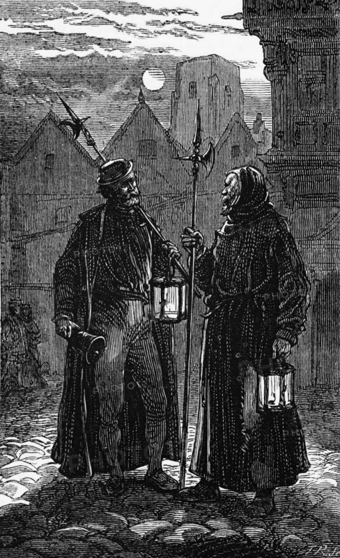 Night watchman during the reign of Henry VIII in London. England in the 16th century. digital reproduction of a historical original
