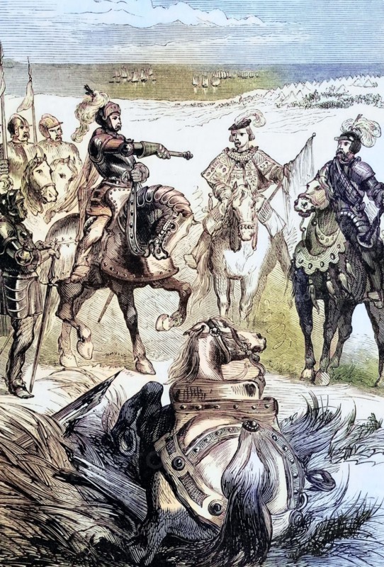 herald delivering a challenge to a duel from Lord Huntley to the Duke of Somerset; a prelude to the Battle of Pinkie Cleugh on the banks of the River Esk near Musselburgh. Scotland. on 10 September 1547. It was the last open field battle between Scottish and English armies in the British Isles. England. digital reproduction of a historical original