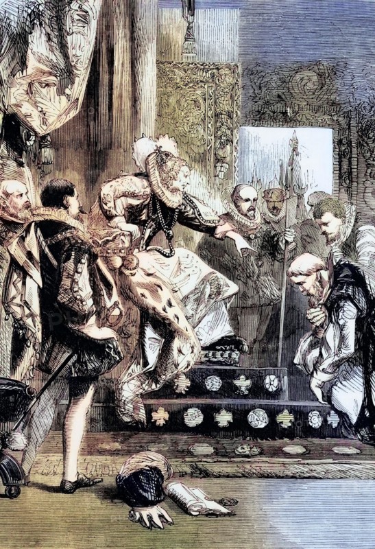 The dismissal of the Earl of Murray and Abbot of Kilwinning by Queen Elizabeth I after he had taken the side of Mary Stuart in 1561. England. digital reproduction of a historical original