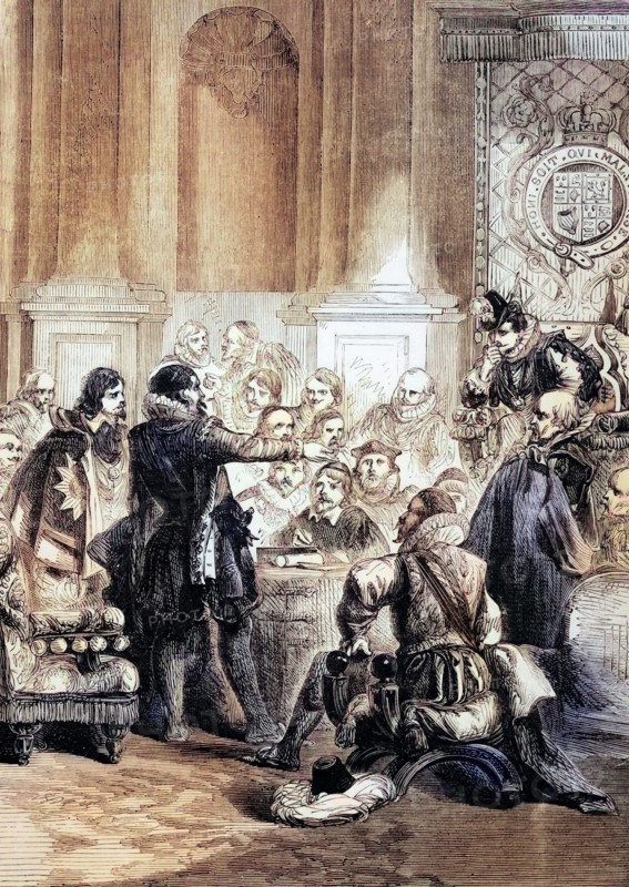 George Villiers. 1st Duke of Buckingham KG (28 August 1592 – 23 August 1628). before a parliamentary council investigating the Duke's royal and political activities. England. digital reproduction of a historical original