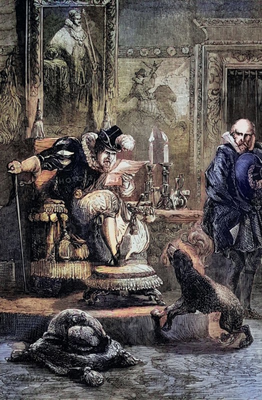 The Spanish ambassador and King James I. 1623. during the planned (unsuccessful) Spanish marriage between Prince Charles and Infanta Maria Anna of Spain. England. digital reproduction of a historical original