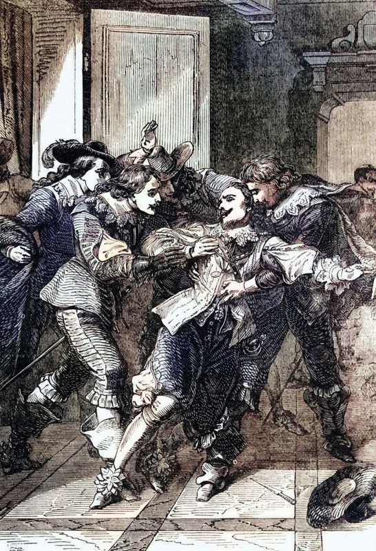 In Portsmouth. George Villiers. 1st Duke of Buckingham. was stabbed to death in the Greyhound Pub on August 23. 1628. The murderer was John Felton. an officer who believed he had been passed over for promotion by Buckingham. He was hanged in October of that year. England. digital reproduction of a historical original.