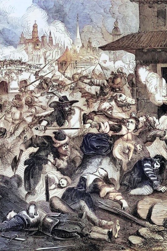 In 1631. during the Thirty Years' War. imperial troops under Johann Tserclaes. Count of Tilly. stormed Magdeburg. the capital of the German state of Saxony-Anhalt. and set it on fire. During the looting. 20,000 inhabitants were massacred. Digital reproduction of a historical original.