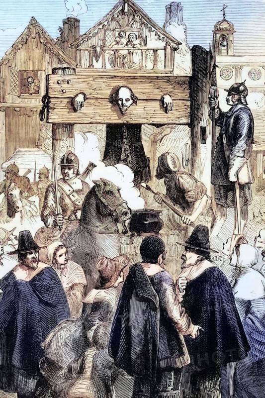 William Prynne. a Puritan lawyer. was pilloried. In 1634. he was sentenced to a fine and a cane for a pamphlet against plays titled ""Histriomastix."" Prynne claimed that actresses were simply prostitutes. a tactless remark given that the wife of Charles I. Queen Henrietta Maria. was appearing in a masque at the time. England. digital reproduction of a historical original.