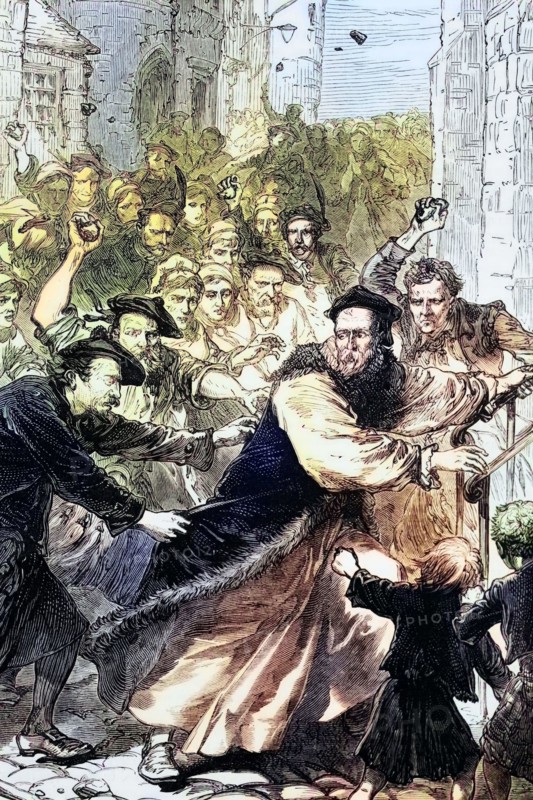 In 1640. a certain Jenny Geddes. a Scottish market trader in Edinburgh. threw her stool at the head of the minister in St. Giles' Cathedral to protest the first public use of the Anglican Prayer Book in Scotland. This act is said to have led to riots in which mobs persecuted clergy and even bishops. England. digital reproduction of a historical original.