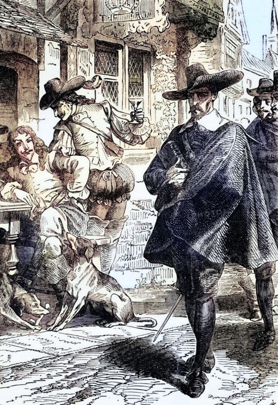 Puritans walk past a group of drinking Cavaliers. 1630. In the run-up to the English Civil War. sympathizers of the monarchy were called Royalists or Cavaliers. and those who opposed the Royalists were Puritans or Roundheads. England. digital reproduction of a historical original