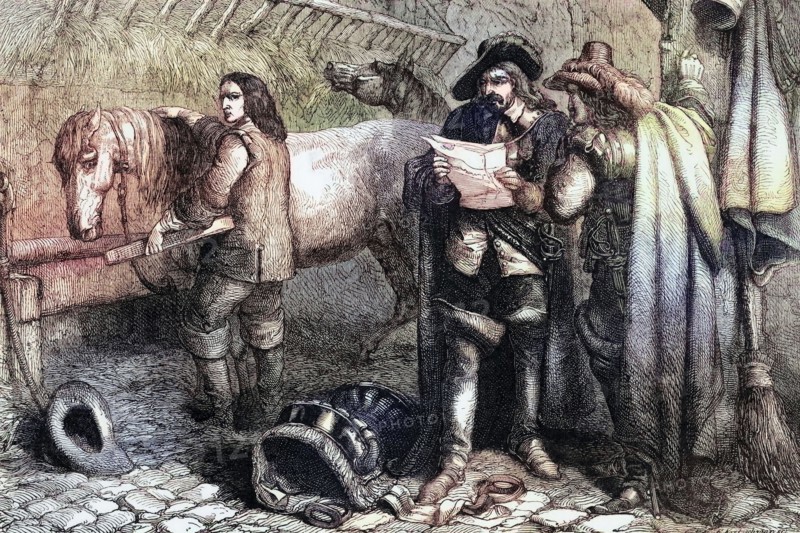 Cromwell discovers the King's letter in the Blue Boar Inn. Holborn. 1647. England. digital reproduction of a historical original