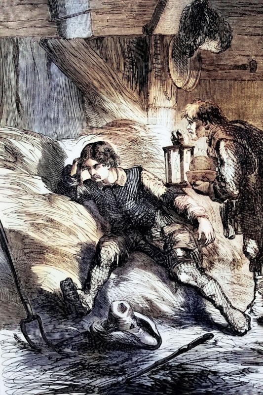 Before King Charles II (1630 to 1685) became king. he lost the Battle of Worcester against Cromwell's New Model Army on September 3. 1651. and sought refuge in a barn. where he was disguised as a lumberjack. England. digital reproduction of a historical original