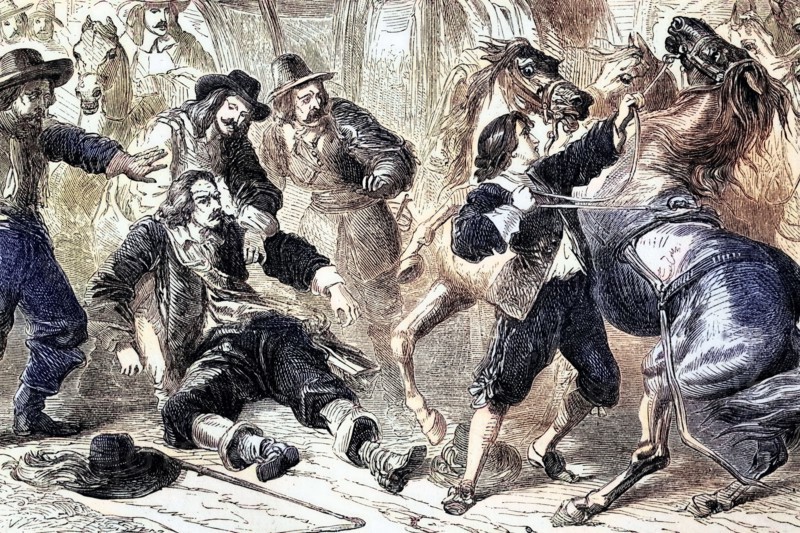 Oliver Cromwell has a riding accident in Hyde Park. ca 1652. London. England. digital reproduction of a historical original