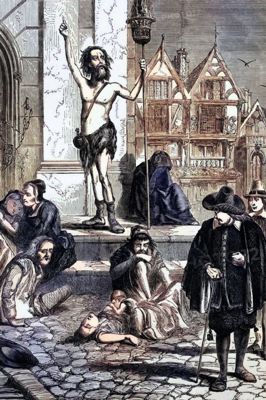 An enthusiast denounces London during the Great Plague (1664 to 1666). the last major bubonic plague epidemic in the Kingdom of England. The Great Plague claimed an estimated 100,000 lives. about 20% of London's population. Digital reproduction of a historical original.