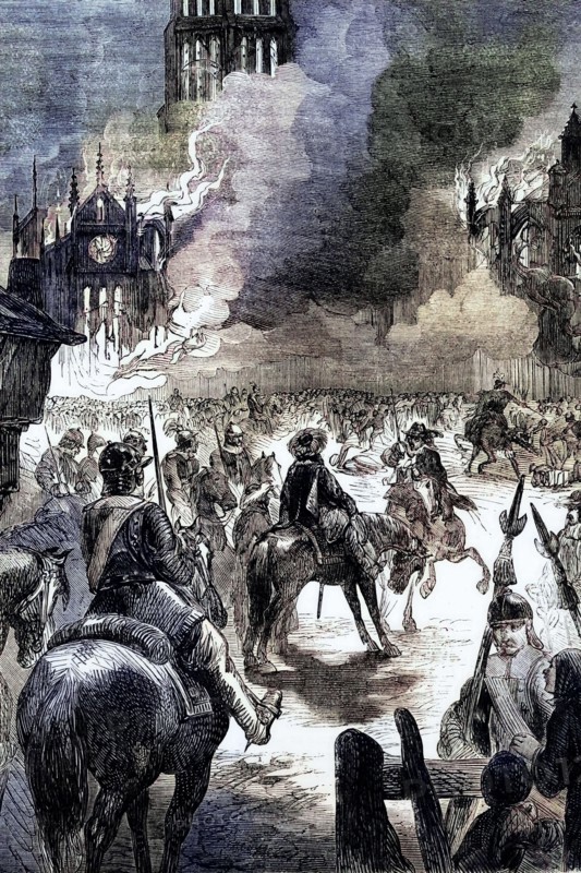 The Great Fire of London raged from Sunday. September 2. to Wednesday. September 5. 1666. in the central parts of the English City of London. It destroyed 13,200 houses. 87 parish churches. and St. Paul's Cathedral. England. digital reproduction of a historical original.